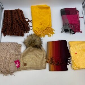 Lot 6 Scarves + 1 Faux Fur Pom Beanie New Bundle